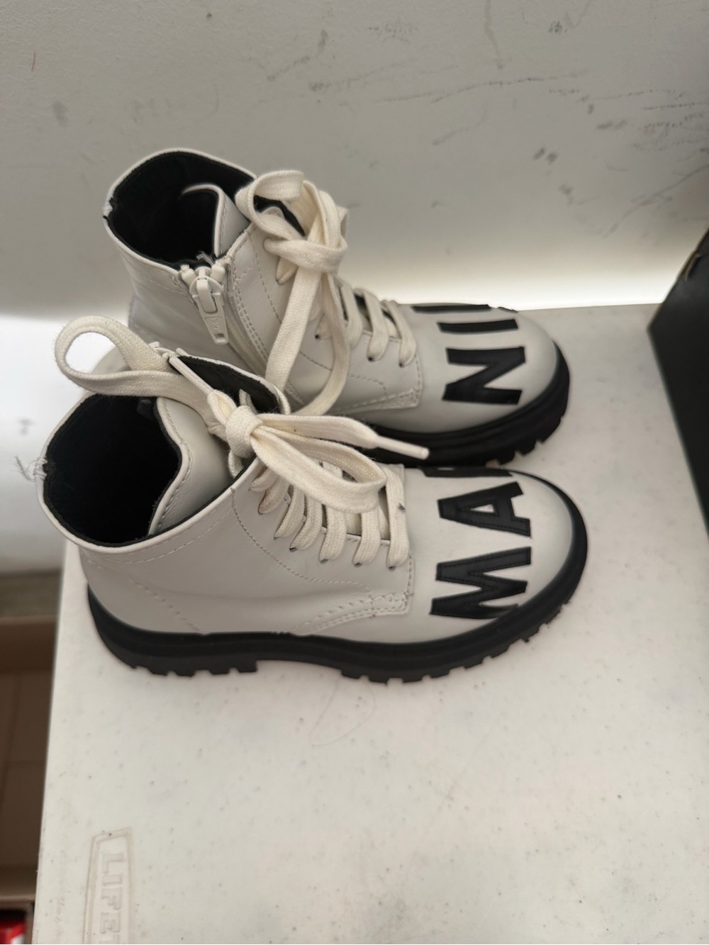 Marni White Lace-Up Combat Boots with Black MAN Lettering